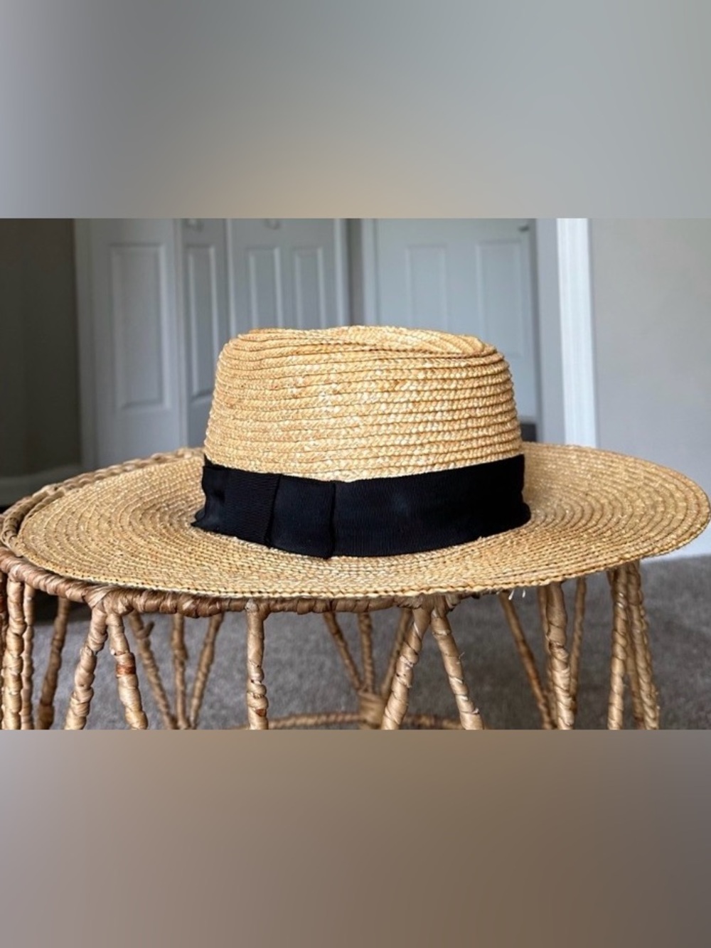 Wide Brim Straw Boater Hat with Black Band - Women's Summer Hat